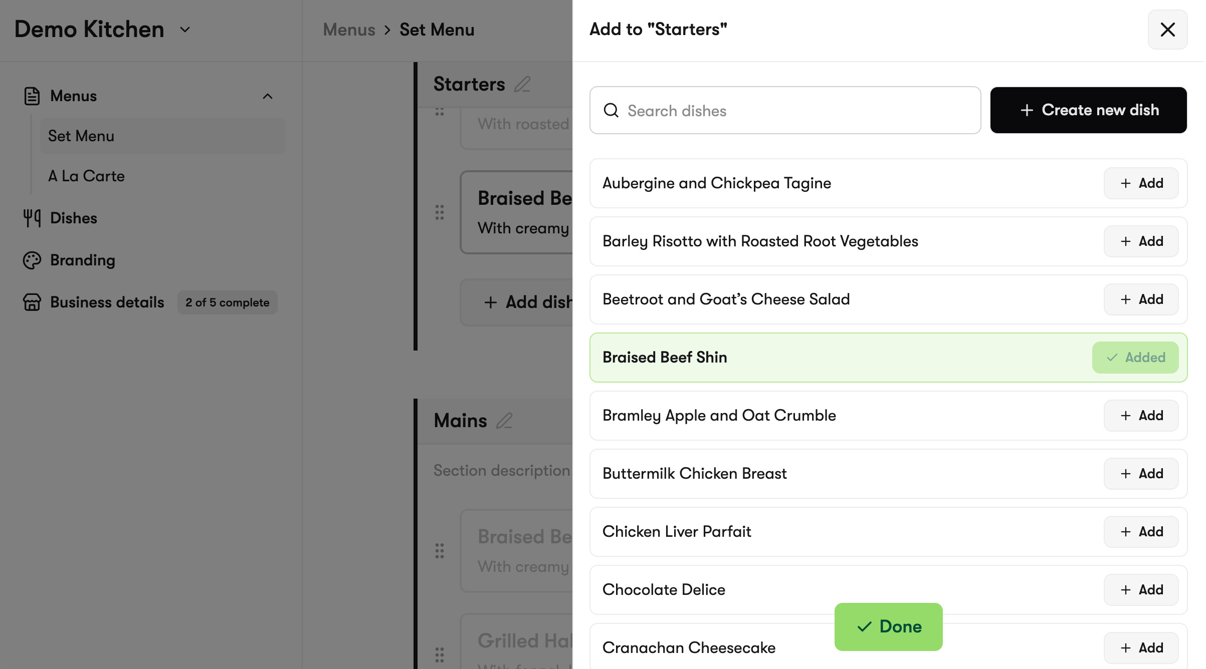 Adding a dish to a menu