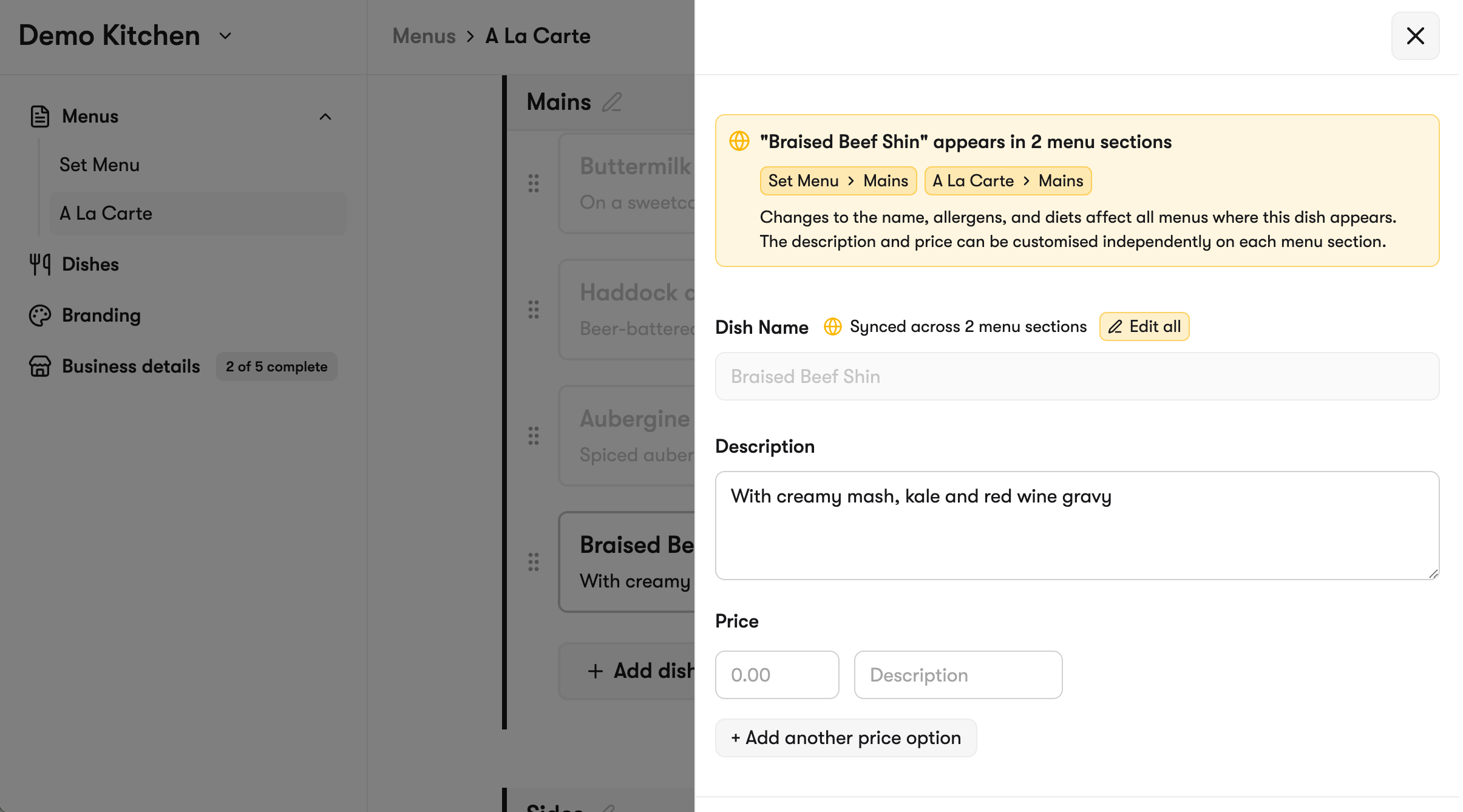 Editing a dish that’s on more than one menu
