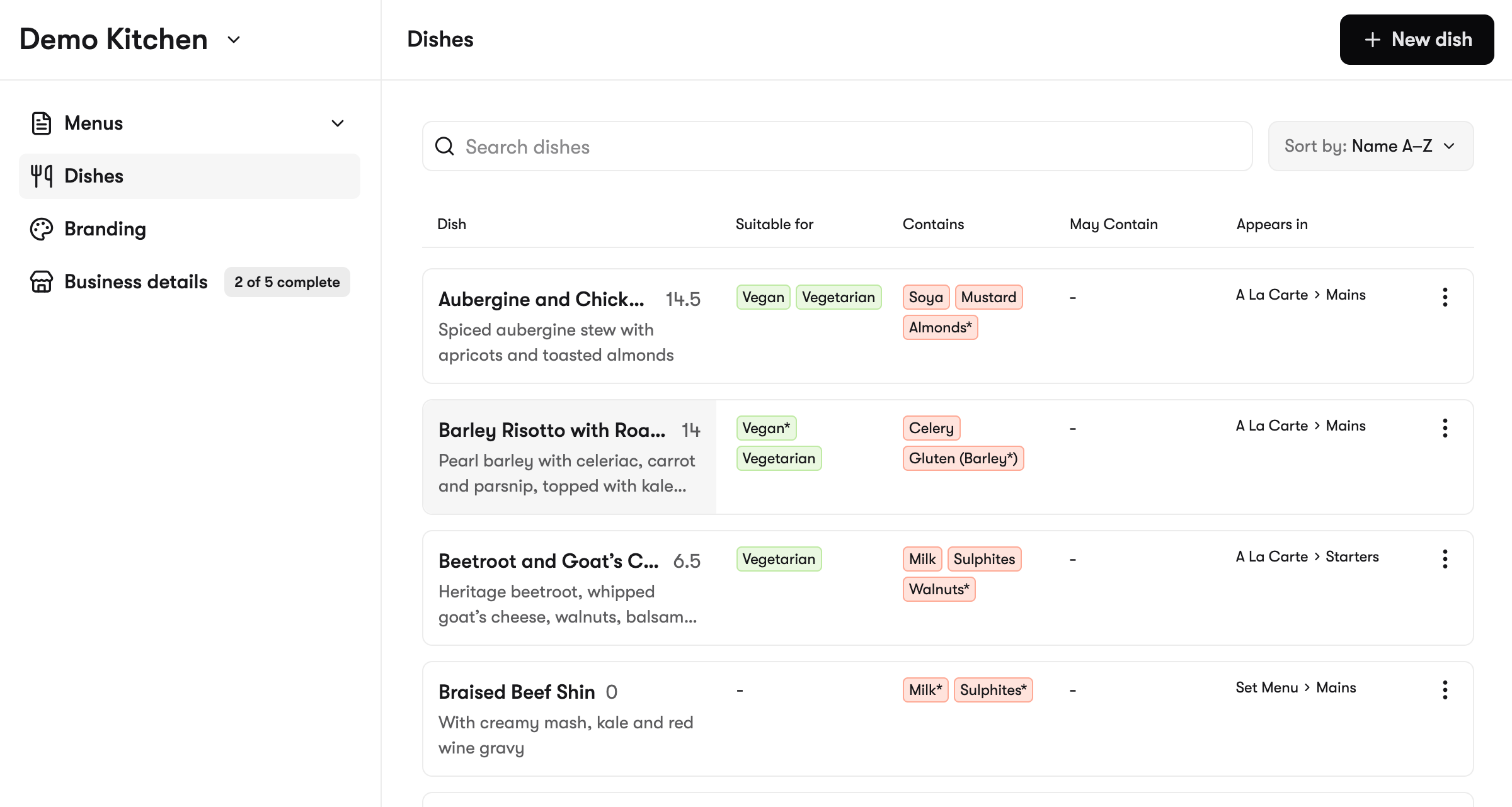 The Dishes page